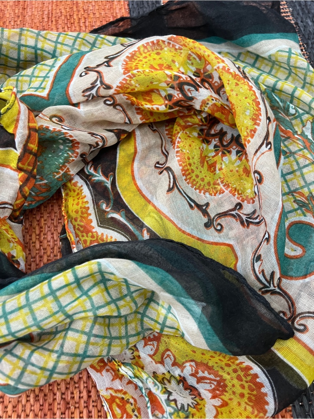 Vibrant Green & Yellow Paisley Mesh Grid Scarf - One Size